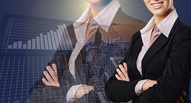 Geschäftsfrau Anzug verschränkte Arme Diagramme Hintergrund
