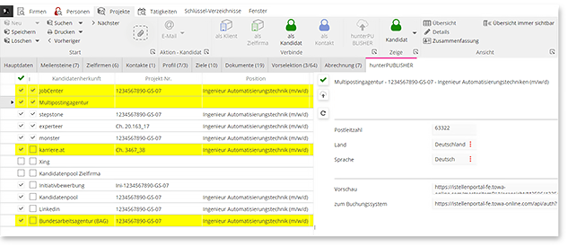 Screenshot Multiposting Stellenanzeigen Jobausschreibungen hunter Recruiting Software