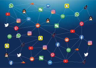 Grafik Social Media Logos vernetzt Hintergrund blau