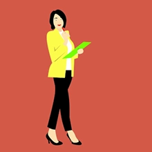 Grafik einer dunkelhaarigen Frau gelbes Jackett schwarze Hose grünes Clipboard roter Hintergrund