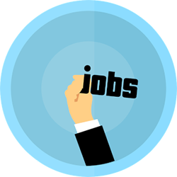 Facebook Jobs im Recruiting nutzen Grafik Kreis Hand hält Wort Jobs Hintergrund blau