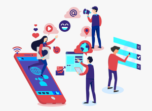Vorteile von Facebook-Recruiting Grafik Menschen Symbole Smartphone Diagramme Emoji